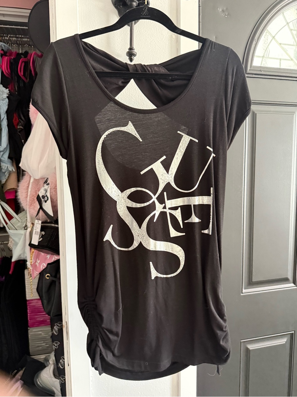 Guess Black Short Sleeve Graphic Tee with Twist Back Detail